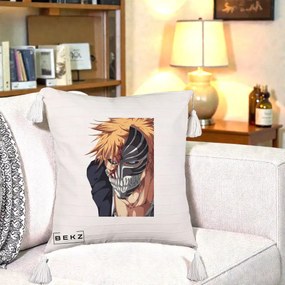 Perna Personalizata Bleach Ichigo Masca Hollow, 40x40 cm, Bej cu Franjuri, Husa Detasabila, Perna Inclusa, BEKZ®