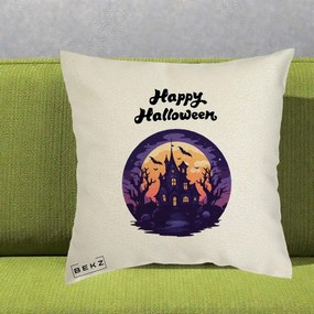 Perna Decorativa Happy Halloween Casa Bantuita Violet, 40x40 cm, Ecru, Husa Detasabila, Perna Inclusa, BEKZ®