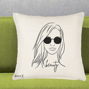 Perna Decorativa Beauty Girl Line Art, 40x40 cm, Crem Reliefat, Husa Detasabila, Perna Inclusa, BEKZ®