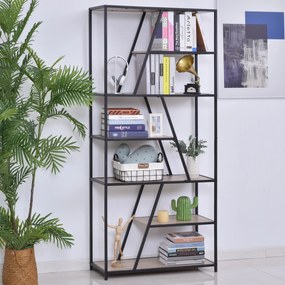 HOMCOM Biblioteca cu 9 Rafturi Trapezoidale Deschise Lemn, Atirasturnare, Cadru din Metal, Negru, 100x30x182cm