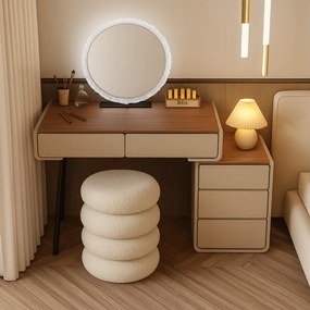 Set EMILY, Masă de toaletă pentru machiaj cu oglindă iluminată LED, în trei culori, intensitate reglabilă, control touch, comoda, taburet, 80 cm, Gri