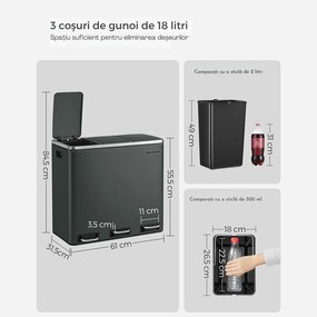 Coș de reciclare SORT 54 l (3×18 l), antracit/argintiu SongmicsHome