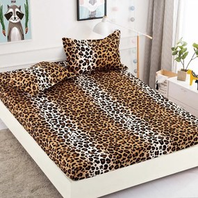 Cearsaf cu elastic  Bumbac FINET  160/180x200cm  2 fete de perne 50x70cm  Jojo Home  Maro-Multicolor  animal print