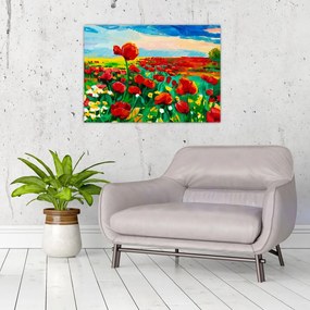 Tablou pe sticlă - Câmp cu maci (70x50 cm)