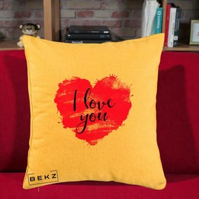Cadou Romantic - Perna Personalizata I Love You Inima Roz, 40x40 cm, Galben, Husa Detasabila, Perna Inclusa, BEKZ®