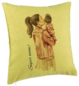 Perna Decorativa, Model Super Mom &amp; Babe, 40x40 cm, Verde, Husa Detasabila, Burduf