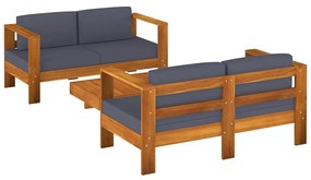 Set mobilier gradina cu perne gri inchis, 3 piese, lemn masiv Morke gra, 2x Canapea cu 2 locuri + masa, 1