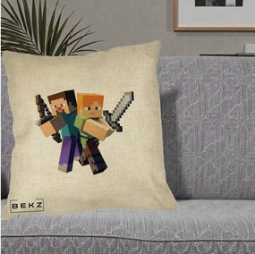 Perna Personalizata Minecraft Steve si Alex, 40x40 cm, Crem, Husa Detasabila, Perna Inclusa, BEKZ®