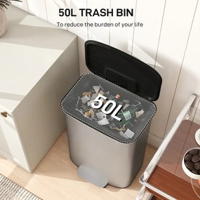 HOMCOM Coș de Gunoi cu Pedală de 50L cu Capac Amortizat, Deschidere la 90° și Găleată Detașabilă, Oțel Inoxidabil, Gri | Aosom Romania