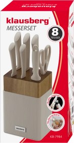 Set cuțite Klausberg KB 7984, 8 piese, Oțel inoxidabil, Ascuțitor, Mâner lemn de salcâm, Bej/lemn