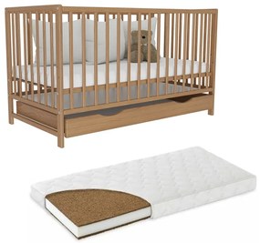 Patut din lemn masiv 120x60 cm Matilda cu sertar cu capac, somiera reglabila pe 3 nivele, include saltea cocos 12 cm