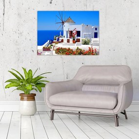 Tablou pe sticlă - Casă mică în Grecia (70x50 cm)