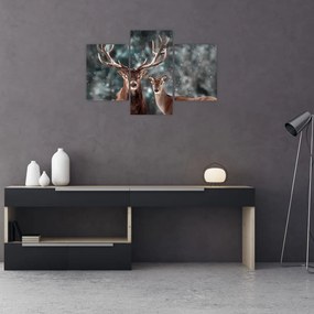 Tablou - Cerb și căprioare în pădurea înzăpezită (90x60 cm)