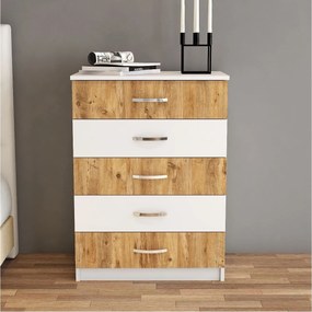 Comoda 616TNM1510, alb/stejar, PAL melaminat, 72x45x98 cm