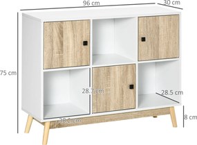 HOMCOM Bufet living, mobilier de depozitare 9 cuburi cu 3 uși și 3 compartimente deschise, picioare din lemn de pin, stil modern, bufet pentru sala de mese, bucătărie și living, 96 x 30 x 75 cm, alb, natural | Aosom Romania