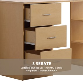 Homcom Birou modern cu 3 Sertare si Rafturi in Lemn Natural 120x49x72cm