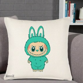 Perna Personalizata Labubu Turcoaz, 40x40 cm, Crem Reliefat, Husa Detasabila, Perna Inclusa, BEKZ®