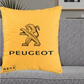 Perna Personalizata cu emblema Peugeot, 40x40 cm, Galben, Husa Detasabila, Perna Inclusa, BEKZ®
