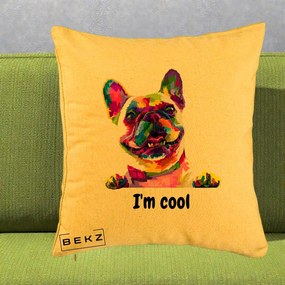 Perna Personalizata Bulldog Francez I'm Cool, 40x40 cm, Galben, Husa Detasabila, Perna Inclusa, BEKZ®