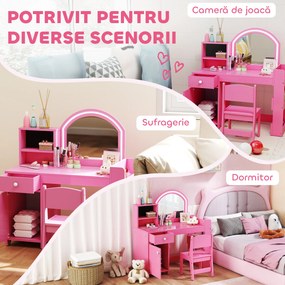 AIYAPLAY Set masă și scaun de machiaj pentru copii, cu lumini LED, MDF, Acril, 88.6 x 38.8 x 96.9, Roz | Aosom Romania