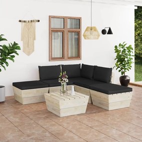Set mobilier gradina din paleti cu perne, 6 piese, lemn molid Negru, colt + 2x mijloc + masa + 2x suport pentru picioare, 1