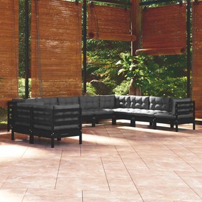 3096915 vidaXL Set mobilier de grădină cu perne 10 piese negru lemn masiv pin