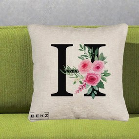 Cadou Personalizat - Perna Personalizata Monograma Florala Litera H cu Trandafiri Roz, 40x40 cm, Bej Canapea, Husa Detasabila, Perna Inclusa, BEKZ®