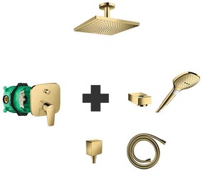 Set baterie de dus, Hansgrohe, Talis E, cu set de para, suport si furtun, palarie si brat de dus, cot racord si corp incastrat, auriu lucios