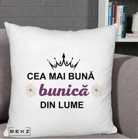 Cadou pentru Bunica - Perna Personalizata Cea Mai Buna Bunica Din Lume Coroana Mov Flori, 40x40 cm, Alb Pufos, Husa Detasabila, Perna Inclusa, BEKZ®