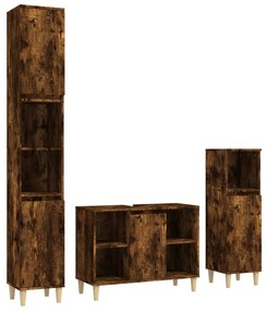 3185618 vidaXL Set mobilier de baie, 3 piese, stejar fumuriu, lemn prelucrat