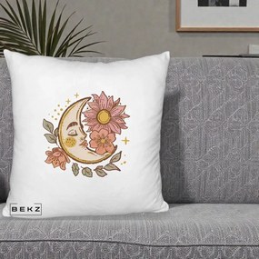 Perna Personalizata Luna Boho Chip Floral, 40x40 cm, Alb Pufos, Husa Detasabila, Perna Inclusa, BEKZ®