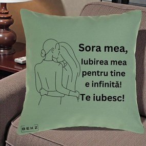 Cadou pentru Sora - Perna Personalizata Sora Mea Te Iubesc Imbratisare din Spate Line Art, 40x40 cm, Verde, Husa Detasabila, Perna Inclusa, BEKZ®