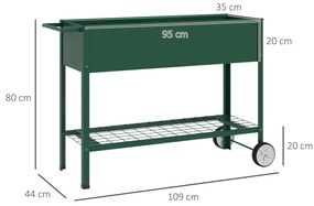 Outsunny Jardinieră Exterioară cu Raft Inferior pentru Unelte, Jardinieră Metalică cu 2 Roți și Mâner, 104x39x80 cm, Verde | Aosom Romania