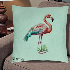 Perna Decorativa Flamingo Roz cu Pene Teal, 40x40 cm, Verde Menta, Husa Detasabila, Perna Inclusa, BEKZ®