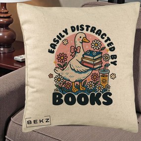 Perna Personalizata Easily Distracted by Books, 40x40 cm, Bej, Husa Detasabila, Perna Inclusa, BEKZ®