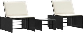 vidaXL Șezlonguri modulare, 2 buc., cu masă, negru, poliratan