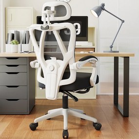 Scaun ergonomic cu suport lombar 4D, tetieră reglabilă 4D, pivotant 360°, suport pentru picioare, Alb/Negru