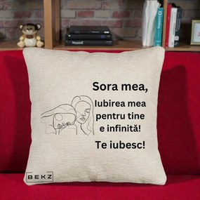 Cadou pentru Sora - Perna Personalizata Sora Mea Te Iubesc Line Art Portrete Fata in Fata, 40x40 cm, Bej Canapea, Husa Detasabila, Perna Inclusa, BEKZ®