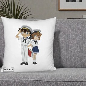 Perna Personalizata Detective Conan Conan si Ai Sailor, 40x40 cm, Alb Pufos, Husa Detasabila, Perna Inclusa, BEKZ®