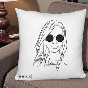 Perna Decorativa Beauty Girl Line Art, 40x40 cm, Alb Pufos, Husa Detasabila, Perna Inclusa, BEKZ®