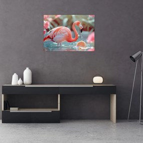 Tablou pe sticlă - Flamingo în iaz (70x50 cm)