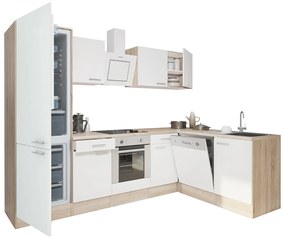 Mobilă de bucătărie de colț Yorki 280, corp din stejar sonoma, față alb satinat, element inferior cuptor, dulap frigider cu dedurizator de gătit inferior