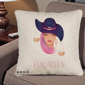 Perna Personalizata Zodiac Balanta Cowgirl, 40x40 cm, Bej Canapea, Husa Detasabila, Perna Inclusa, BEKZ®