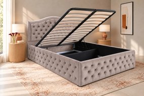 Pat tapițat Chesterfield din catifea Solaria Deluxe 120×200 cm, crem, cu ladă de depozitare