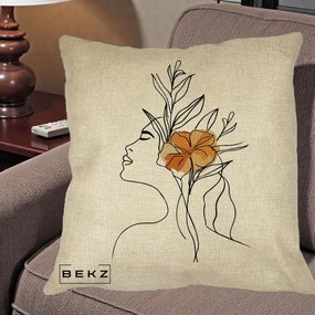 Perna Decorativa Portret Feminin Floare Portocalie Lateral, 40x40 cm, Crem, Husa Detasabila, Perna Inclusa, BEKZ®