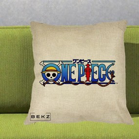 Perna Personalizata One Piece Clasic Albastru, 40x40 cm, Crem, Husa Detasabila, Perna Inclusa, BEKZ®