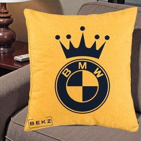 Perna Personalizata cu emblema BMW si Coroana, 40x40 cm, Galben, Husa Detasabila, Perna Inclusa, BEKZ®