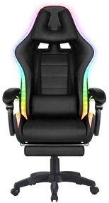 Scaun gaming, sistem iluminare bandă LED RGB, suport picioare, material textil, Negru