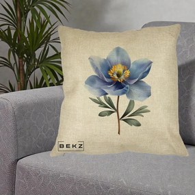 Perna Decorativa Anemona Albastra Botanica, 40x40 cm, Crem, Husa Detasabila, Perna Inclusa, BEKZ®