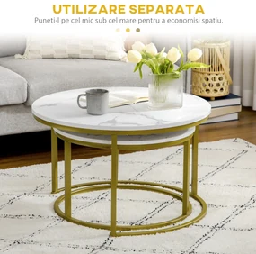 HOMCOM Set de 2 mese rotunde, set de masute de cafea stivuite cu cadru metalic pentru camera de zi, alb | Aosom Romania
